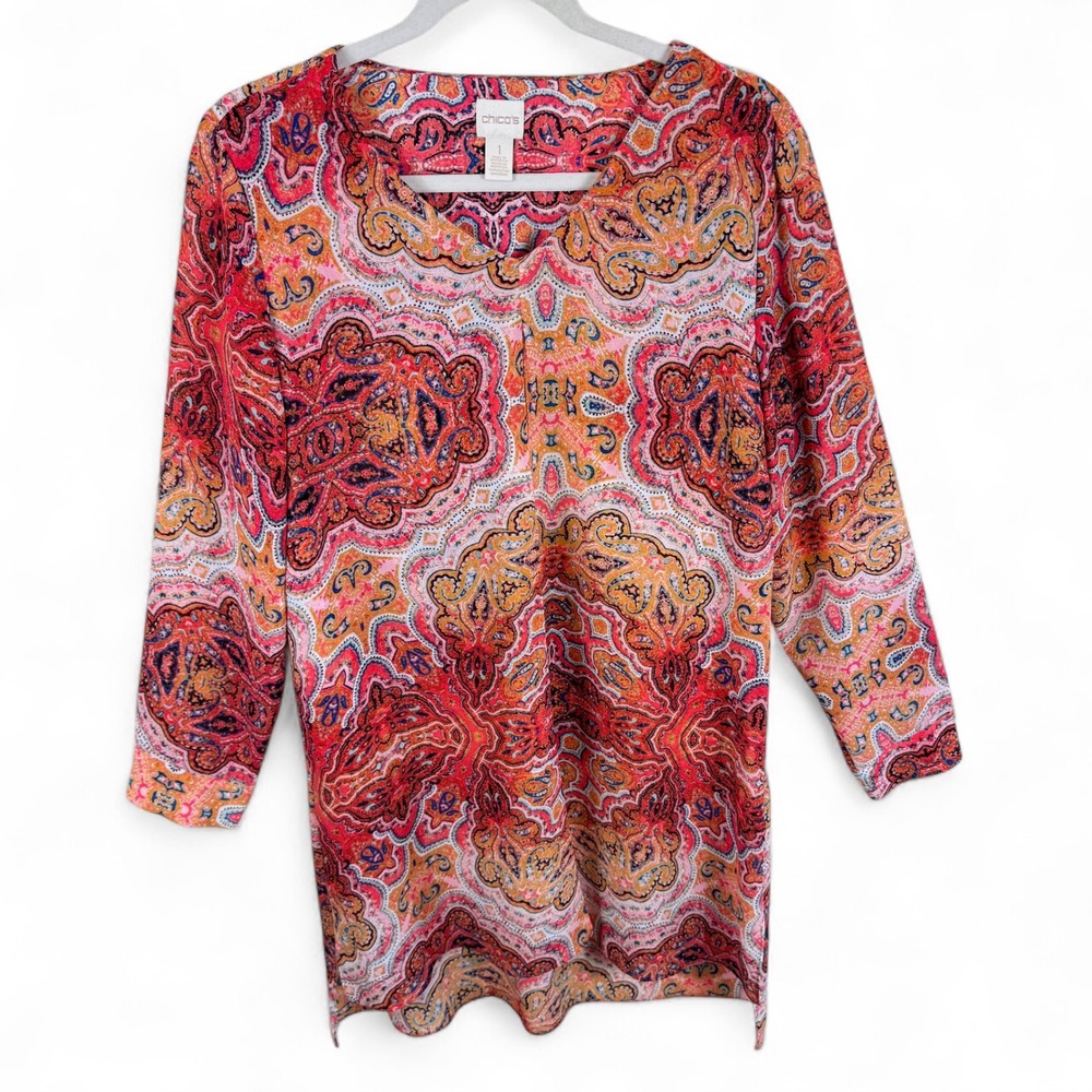 Chicos Orange Paisley Tunic‎ Blouse Chiffon Womens Medium 3/4 Sleeve V-Neck Boho